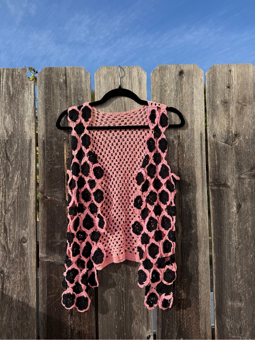 Handmade Pink and Black Crochet Open Floral Tank Top Vest Flower 70s